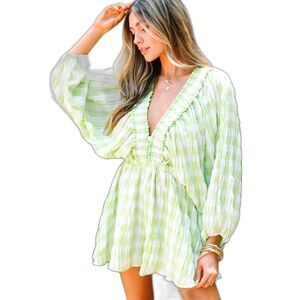 MABLE “All Up To You” Green Apple Gingham Romper | Size S | Retail $285